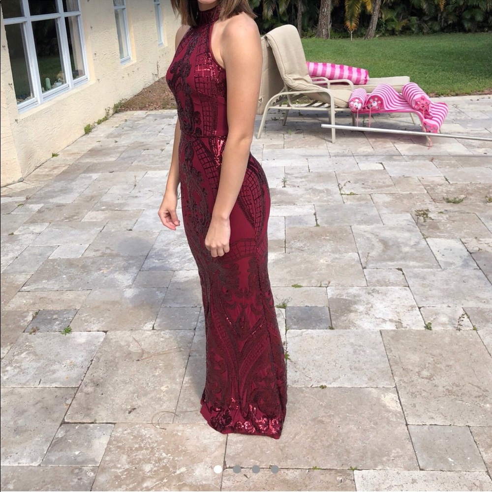 Burgundy sequin prom dress